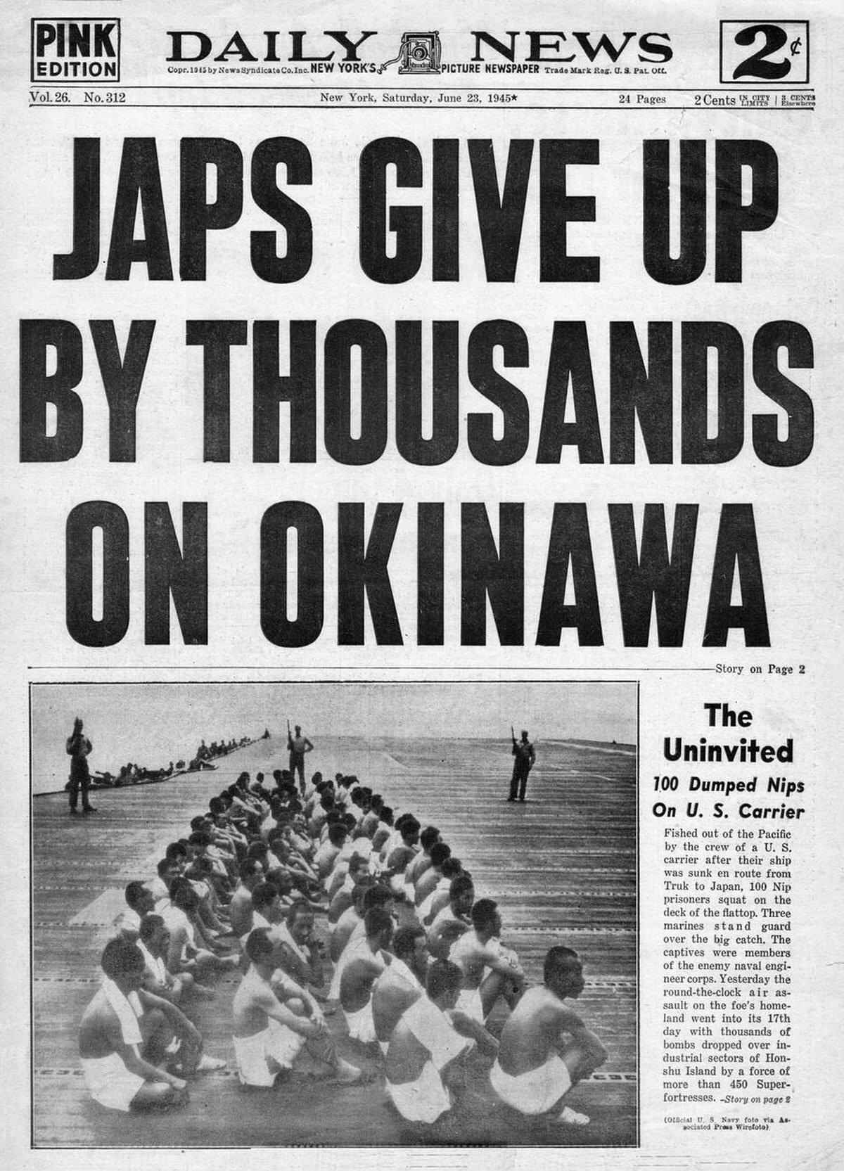 Daily News front page reporting the Battle for Okinawa, 1945
