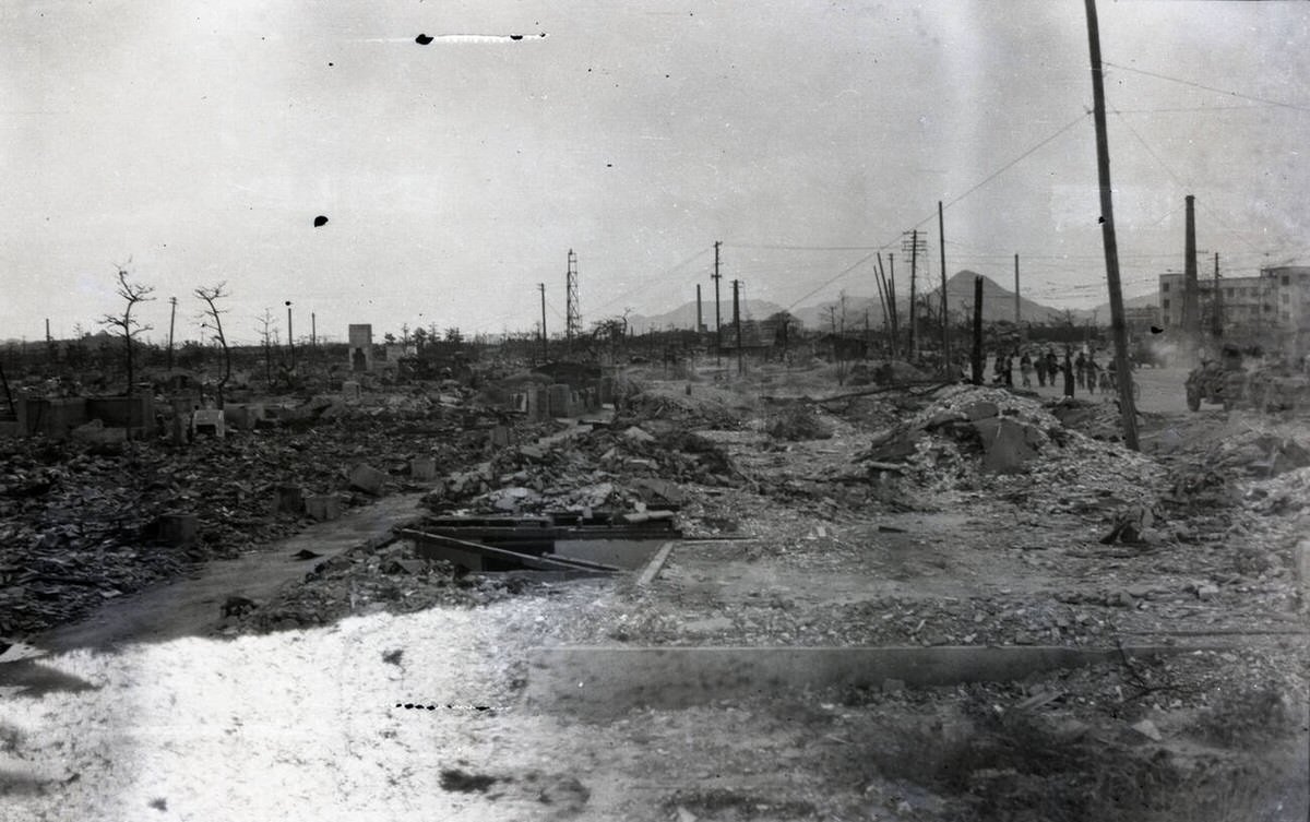 Cityscape of Hiroshima in ruins at the conclusion of World War II, 1945
