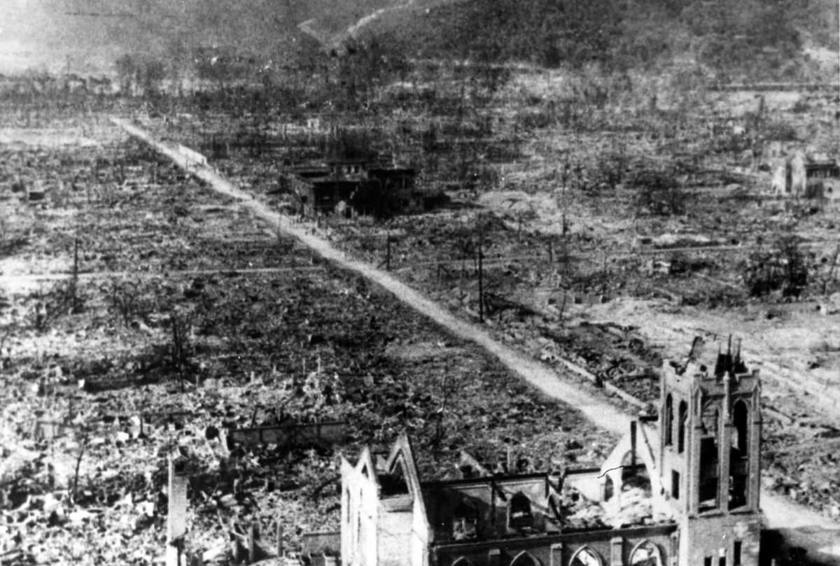 Damaged church standing amid the ruins of Hiroshima, 1945