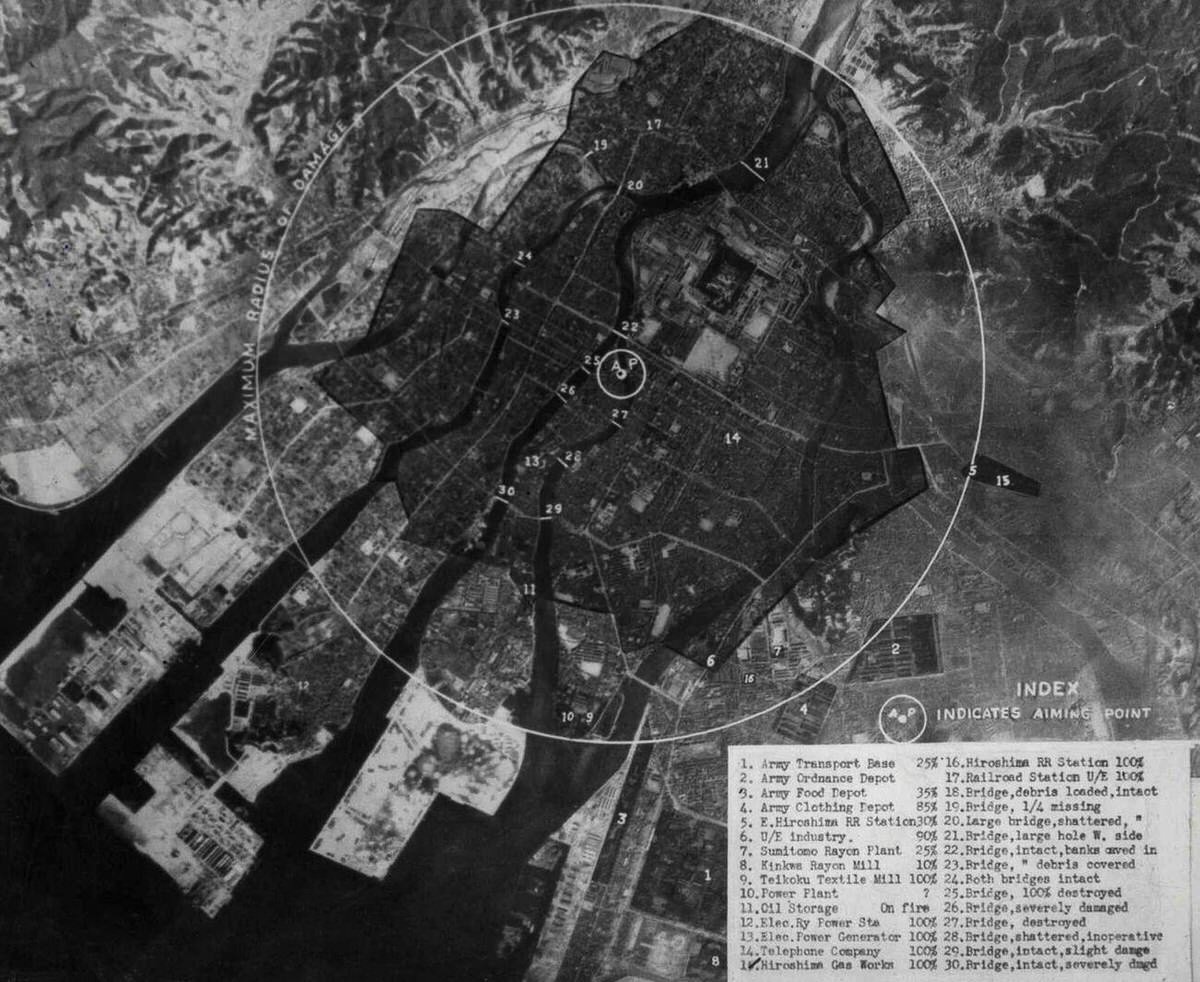 Army Air Forces photo-diagram of the area damaged in the Hiroshima atomic bomb attack, 1945