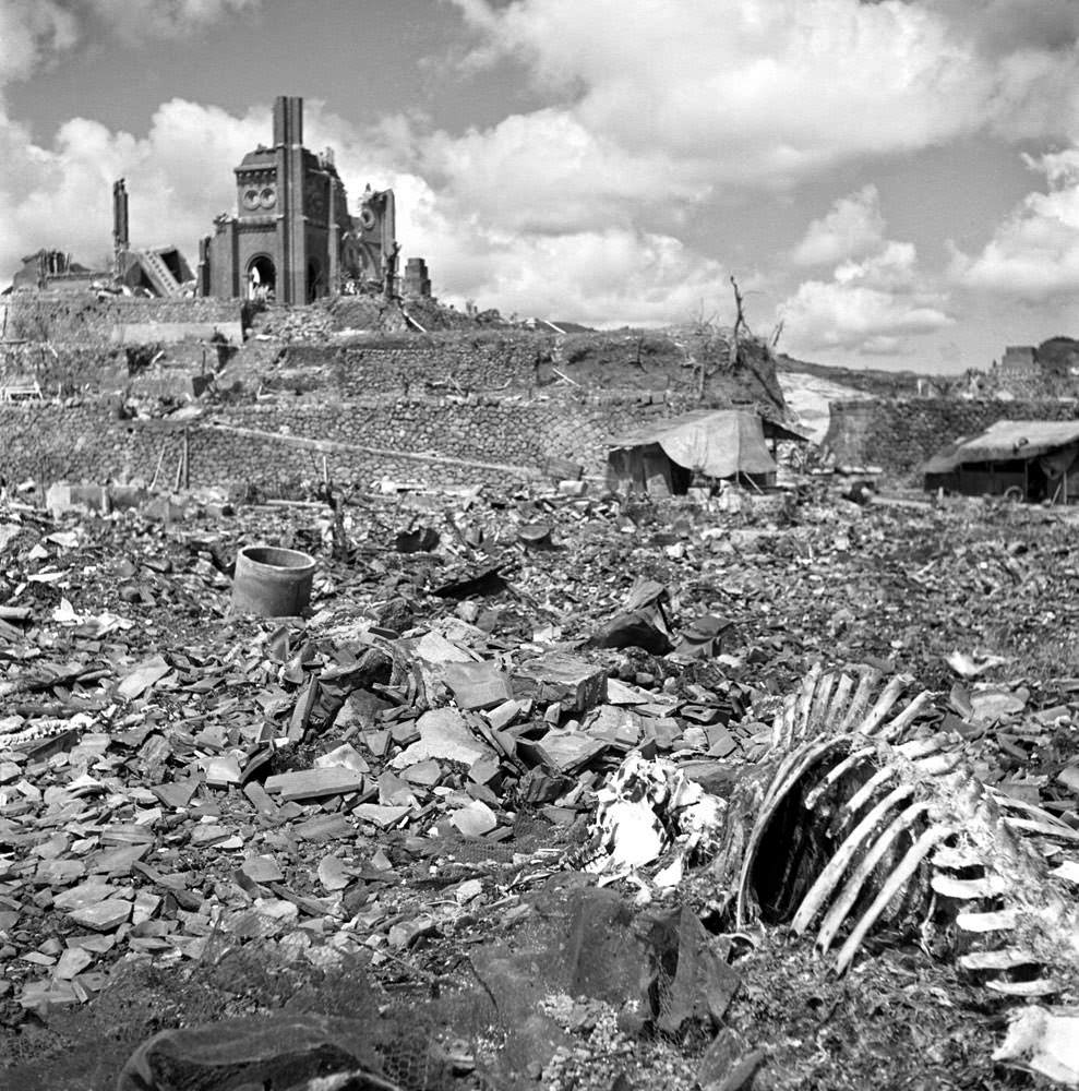 The landscape around Urakami Cathedral, Nagasaki, September, 1945.