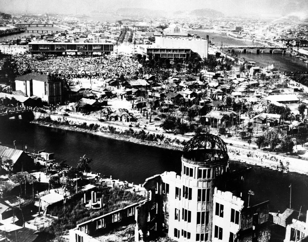 New buildings in reconstructed Hiroshima near the Peace Memorial Park, 1955