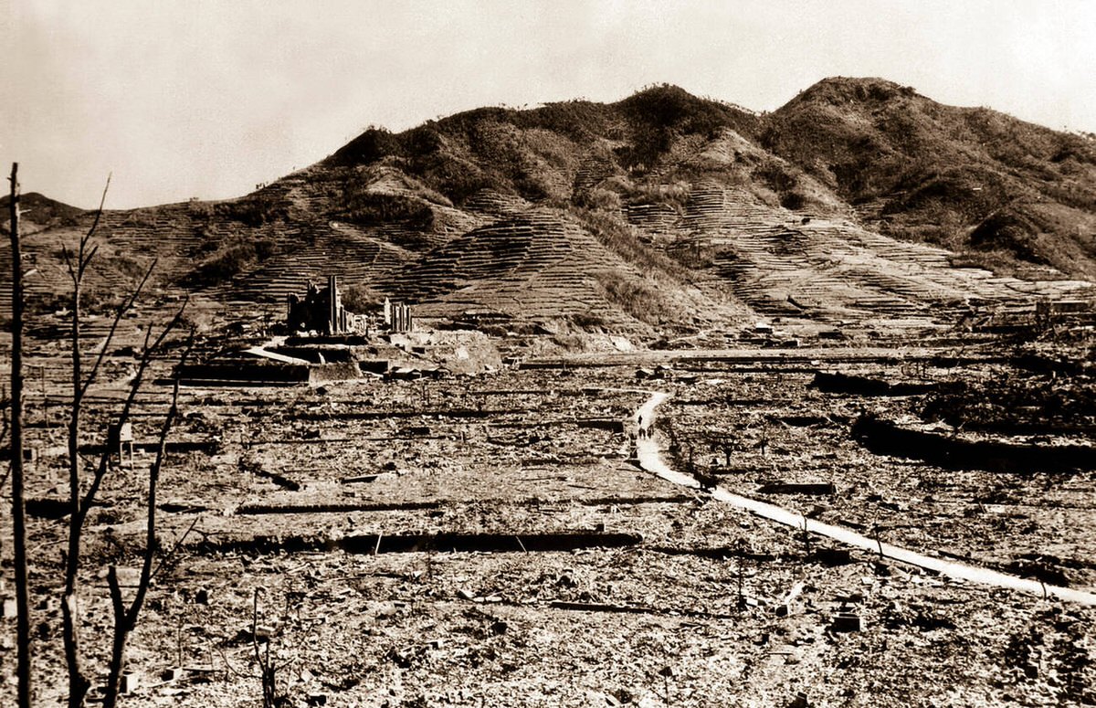 Roman Catholic cathedral on a hill in Nagasaki, 1945