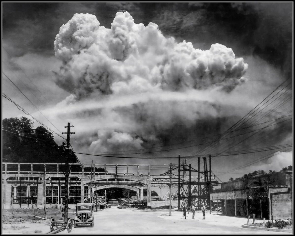 Atomic bomb blast over Nagasaki seen from the Kawanami Kogyo Shipyard, 1945
