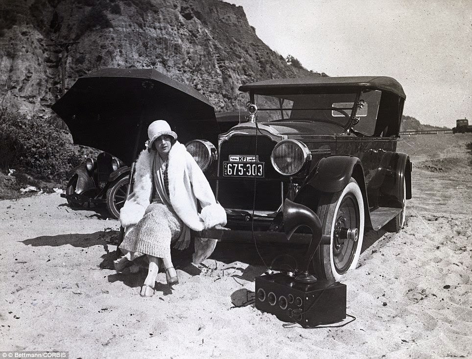Estelle Taylor listening to the radio at a beach near Hollywood, 1924