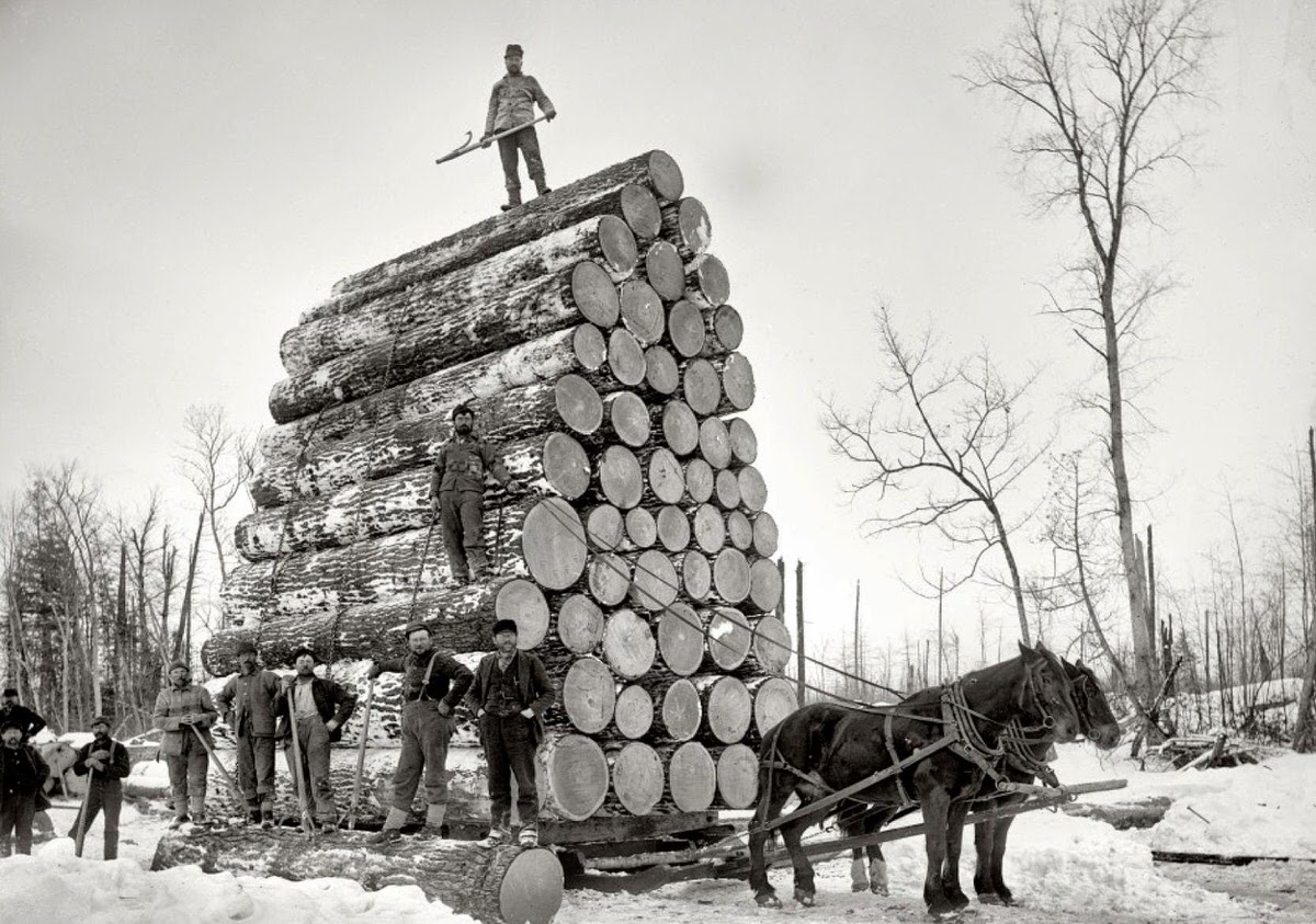 Horse-drawn prime mover in Ewen, Michigan, 1893