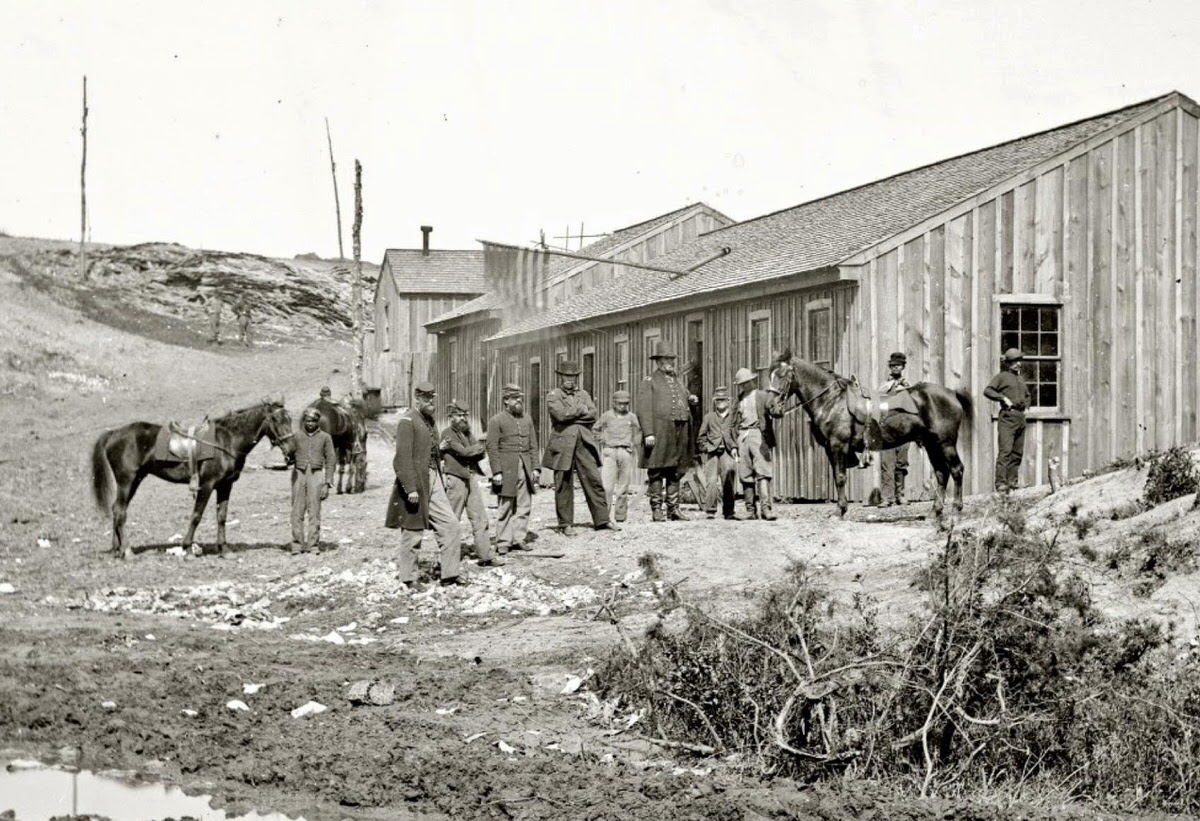 Federal troops at Confederate winter quarters near Yorktown, Virginia, 1865