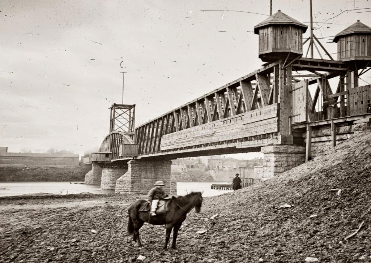 Fortified railroad bridge across the Cumberland River at Nashville, 1864