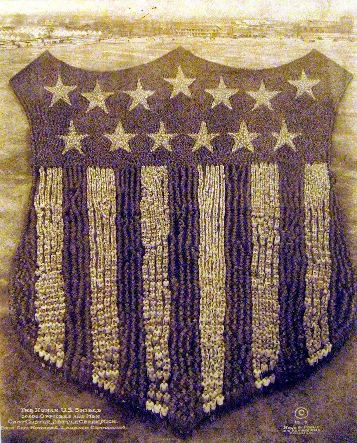 Human U.S. Shield. 30,000 officers and men, Camp Custer, Battle Creek, Mich