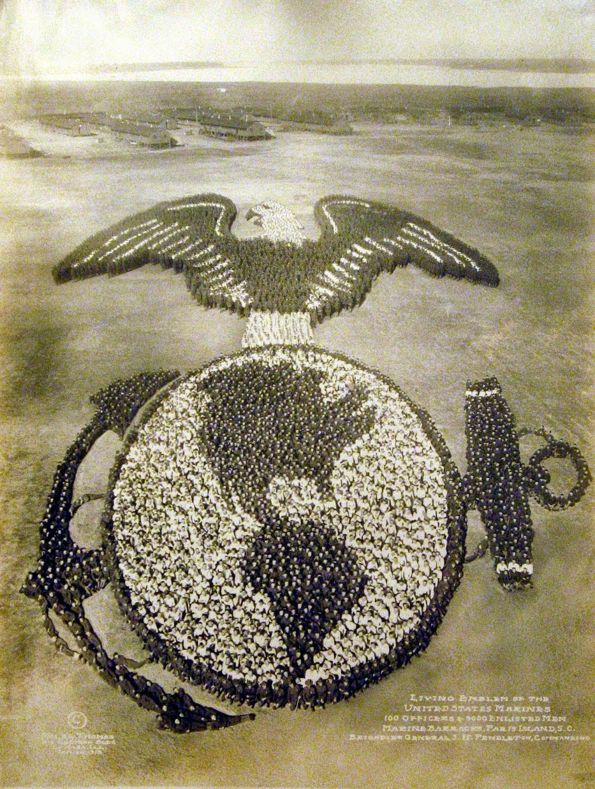Living Emblem of the United States Marines. 100 officers and 9,000 enlisted men, Marine Barracks, Paris Islands, S.C.