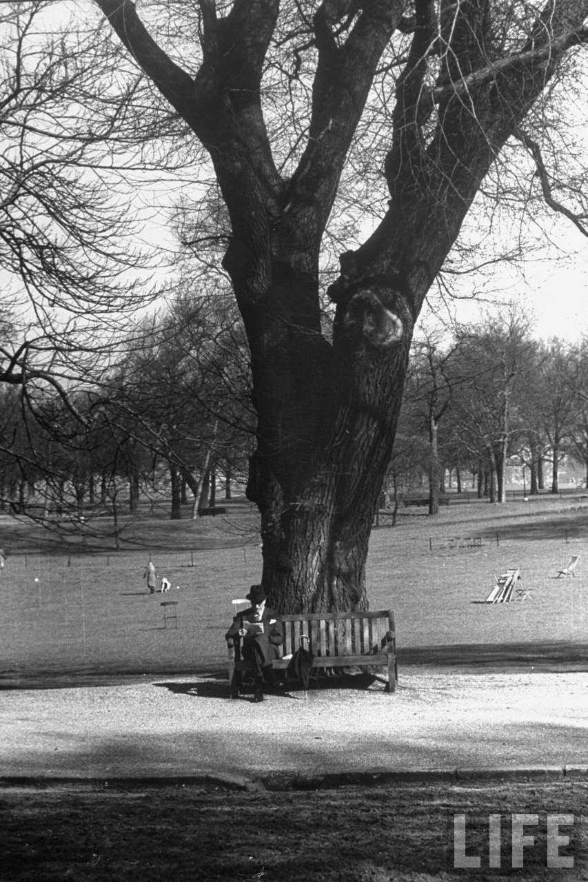 A man sitting on a bench and reading a newspaper in the park.