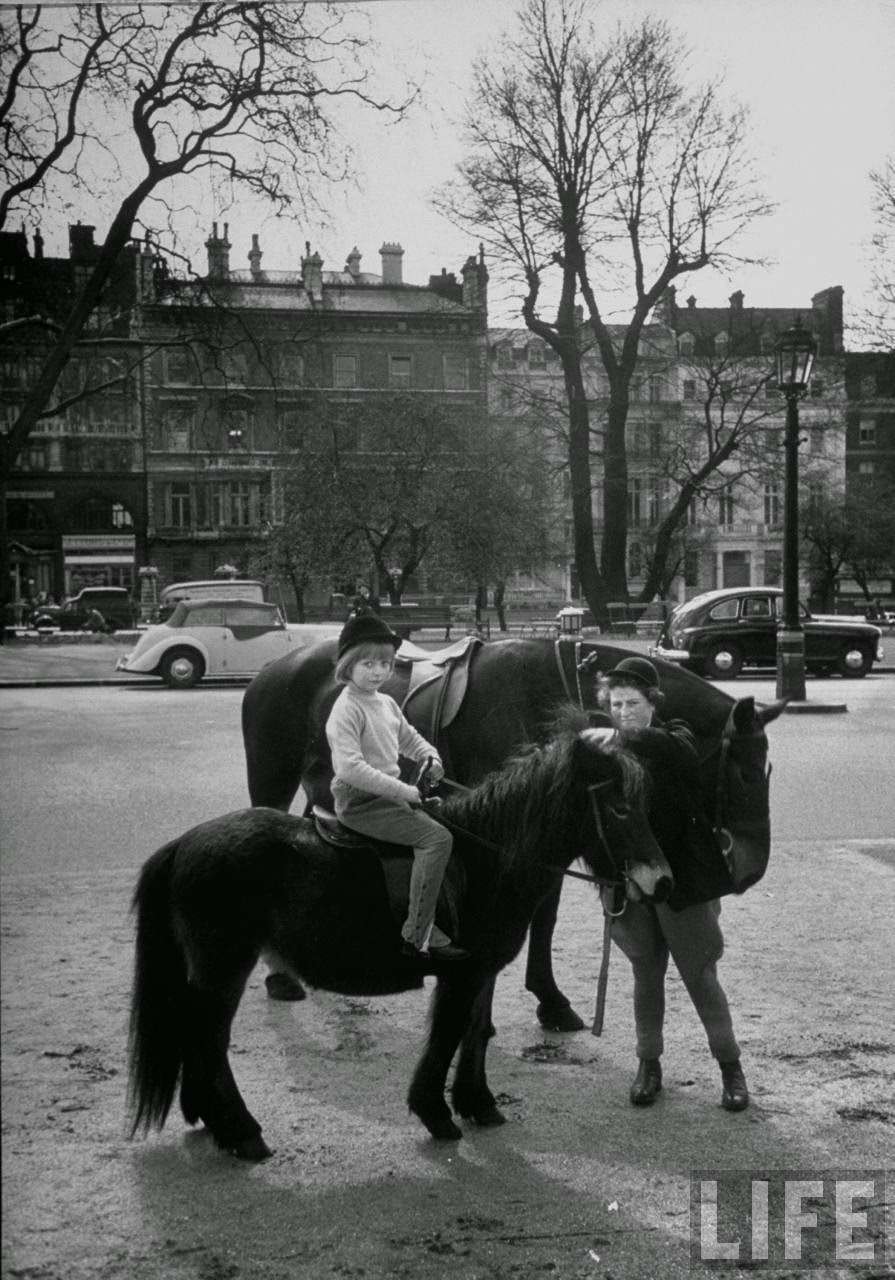 A young girl and her mother getting redy to take their horses for a ride in the park.