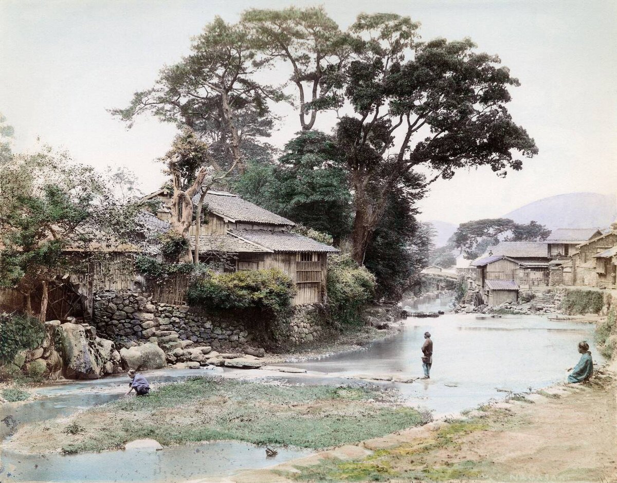 Three men at the Nakashima River in Nagasaki, 1867