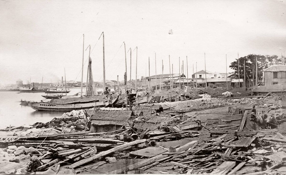 The Bund at Kobe after a typhoon, 1871