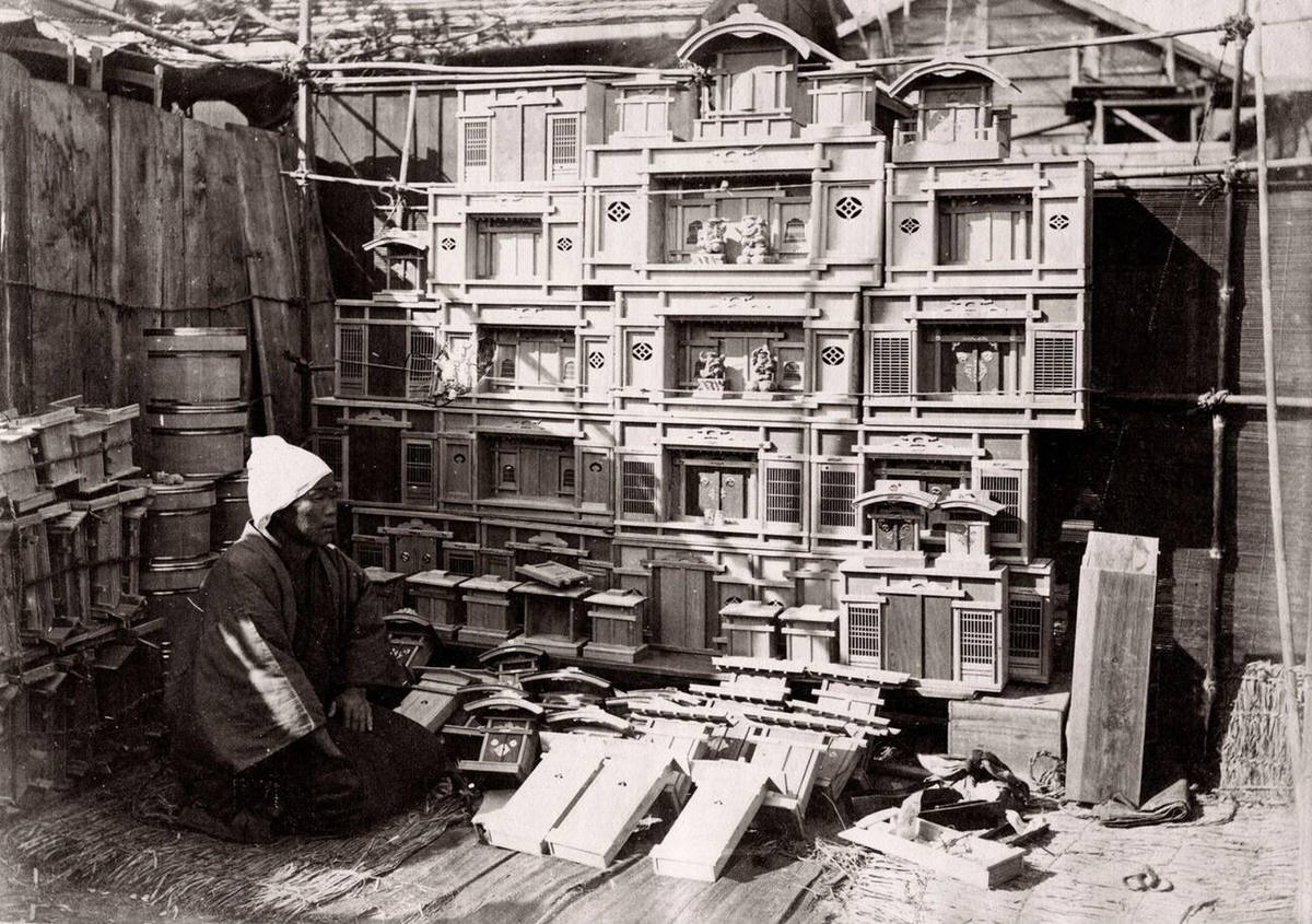 Seller of miyas or temples, 1870s