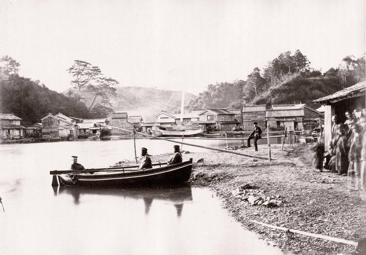 Waterfront view with a boat at Matoya, 1870s