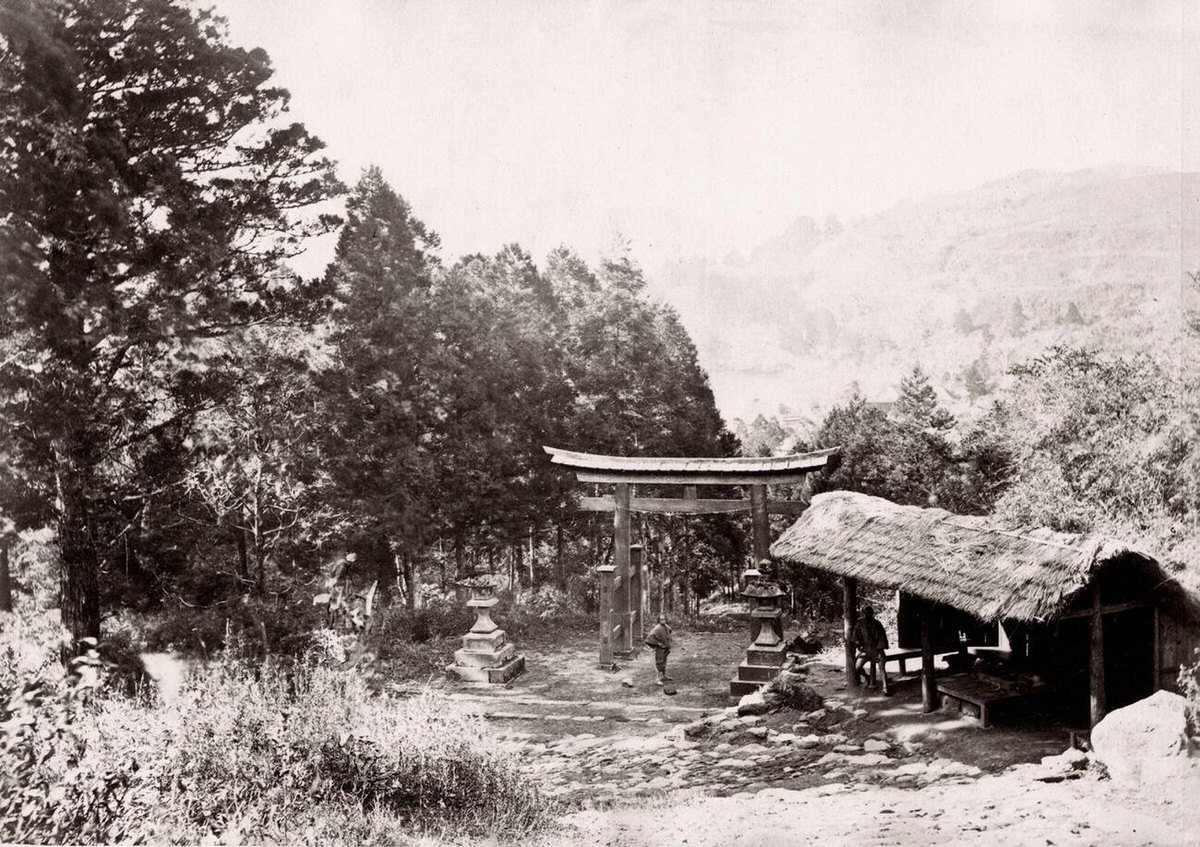 Torii at the approach to Hakone village, 1870s