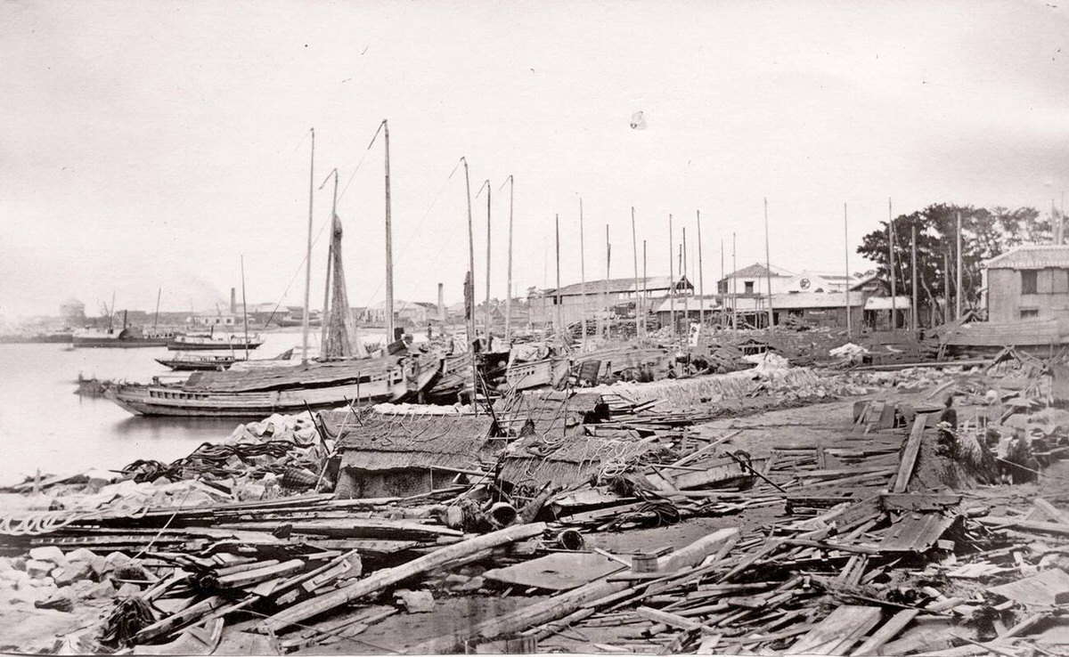 The Bund at Kobe after a typhoon, 1870s