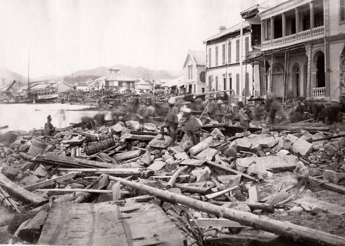 The Bund at Kobe after a typhoon, 1870s