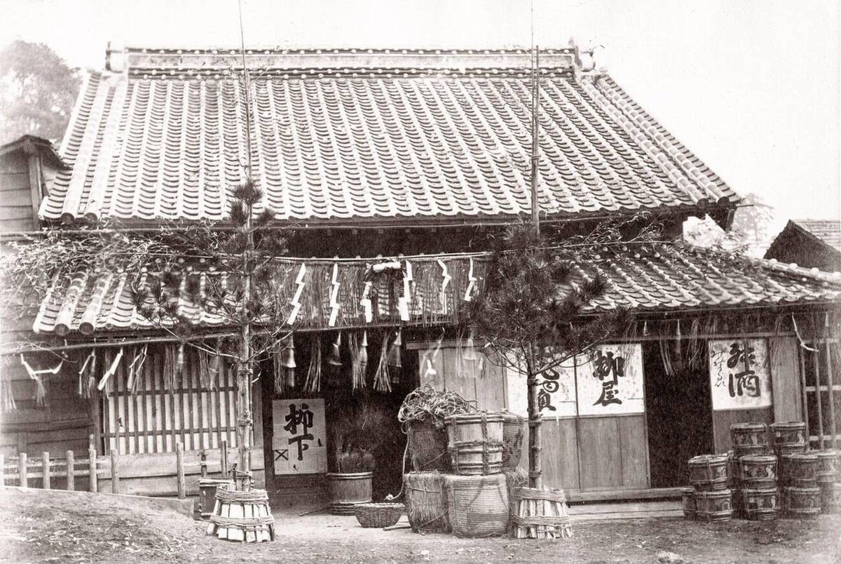 Japanese shop with New Year decorations, 1870s