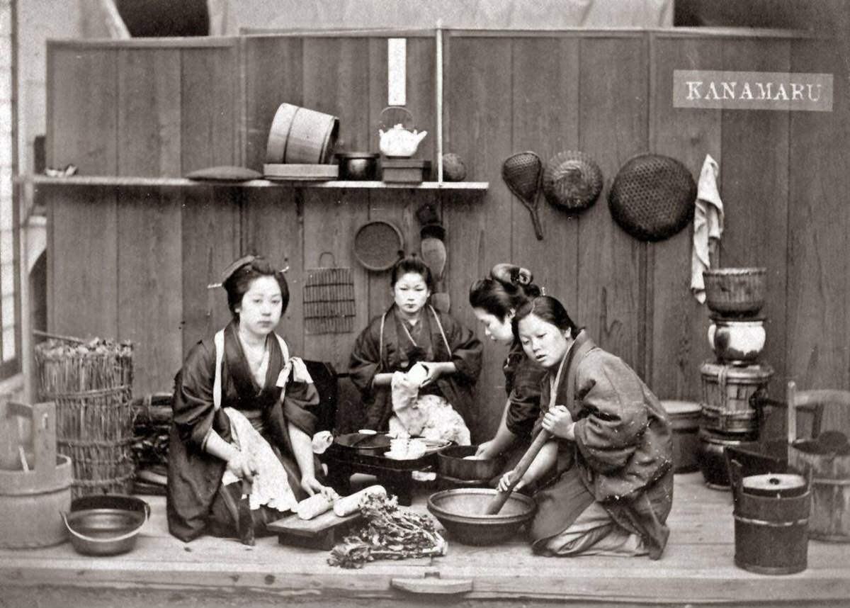 Women preparing a meal in Japan, 1870s
