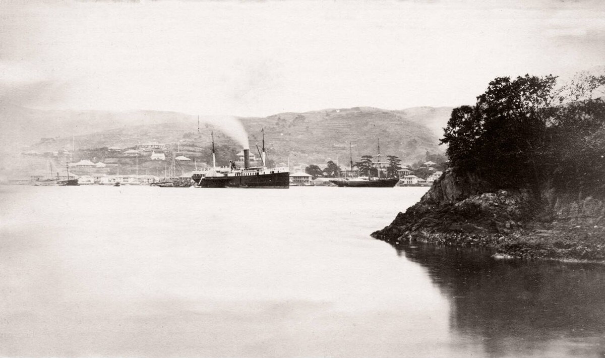 View of Nagasaki harbor with a ship, 1871
