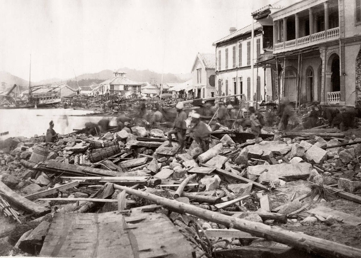 The Bund at Kobe after a typhoon, 1871