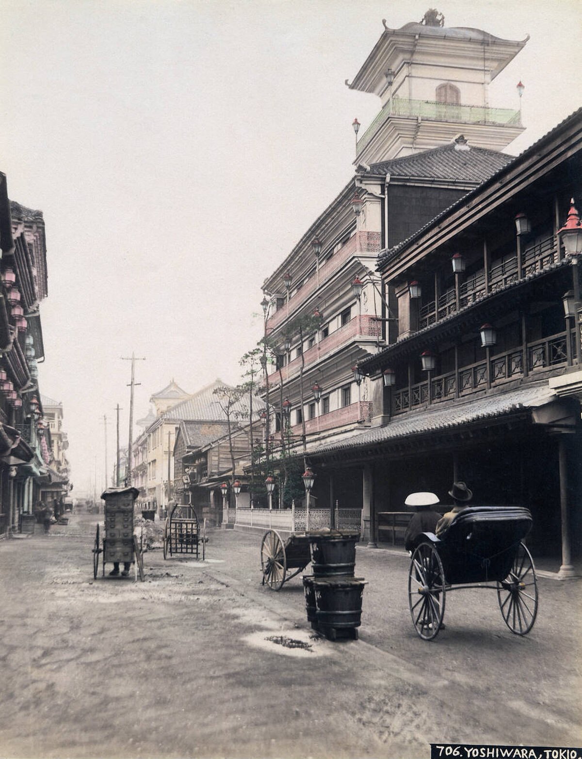 Three-story wooden brothels in Nakanocho in the Yoshiwara district of Tokyo, 1880s