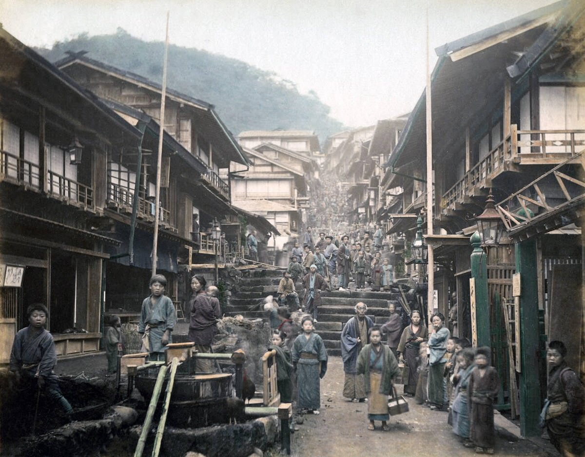 Busy street in Ikaho, 1880s