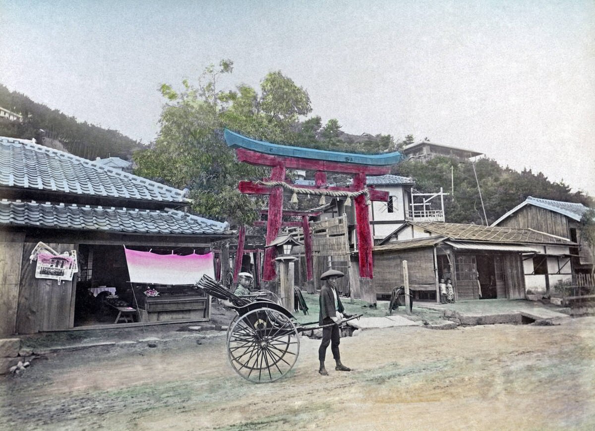 Rickshaw at Suwayama Temple in Kobe, 1880s