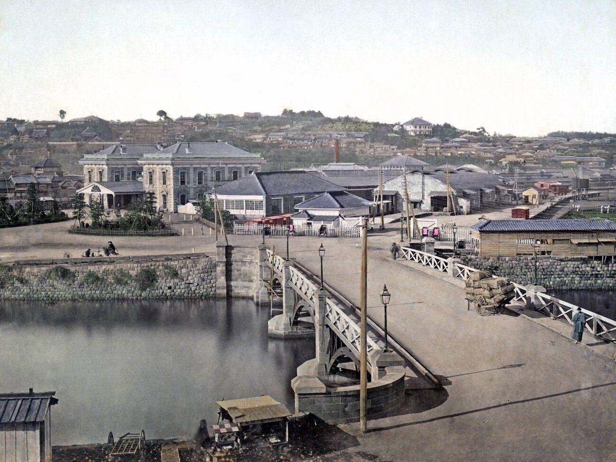 Railway station and bridge in Yokohama, 1880s