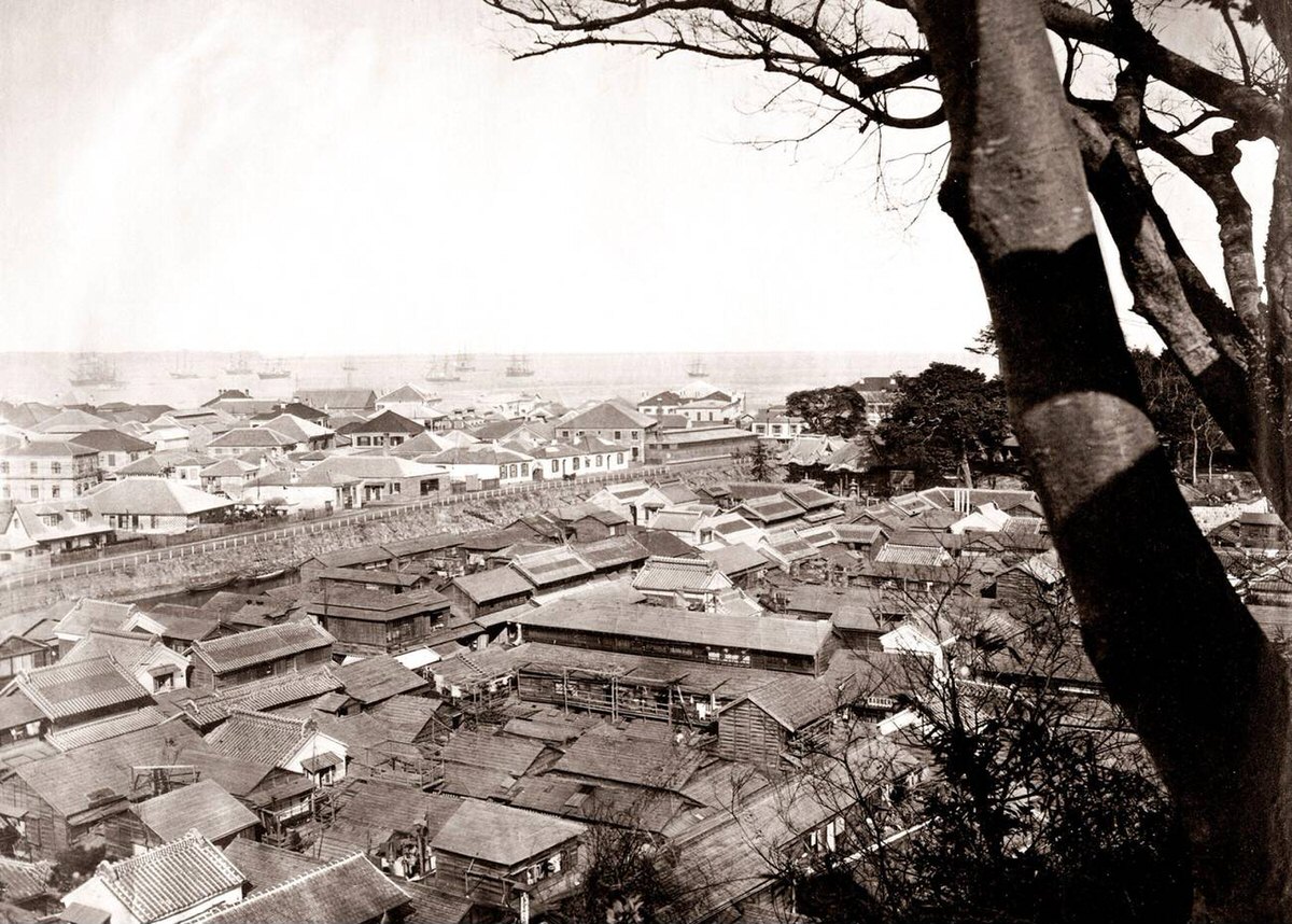 View of Yokohama looking over the city and harbor, 1880s