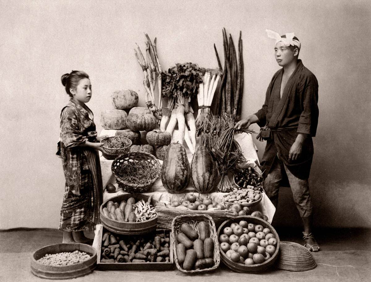 Vendor selling fruit and vegetables, 1880s