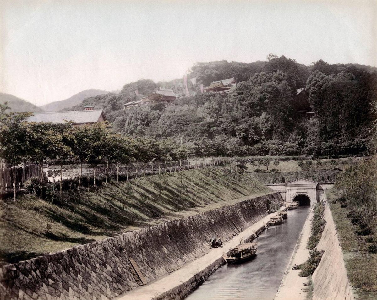 Boats on the canal at Lake Biwa near Kyoto, 1880s