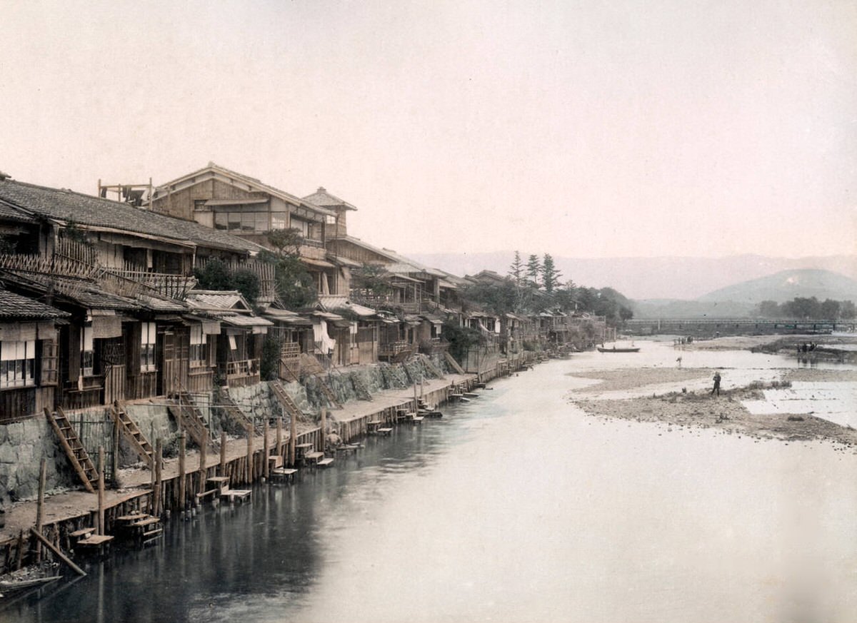 Sanjo in Kyoto showing the river and moorings, 1880s