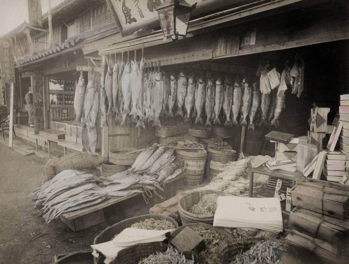 Vegetable and fish dealer in Japan, 1890