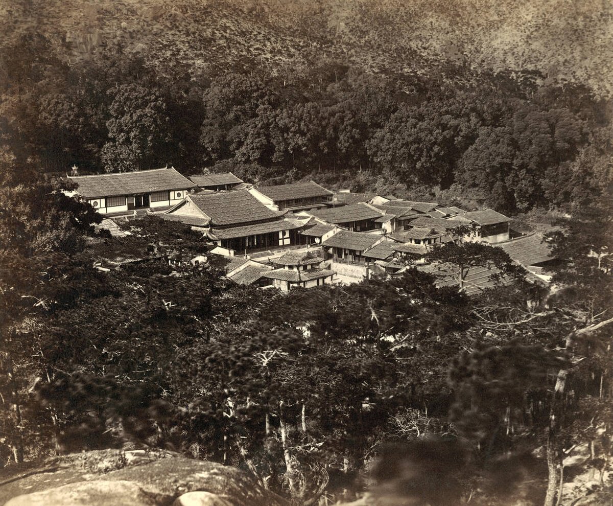 Aerial view of a Japanese village, 1880