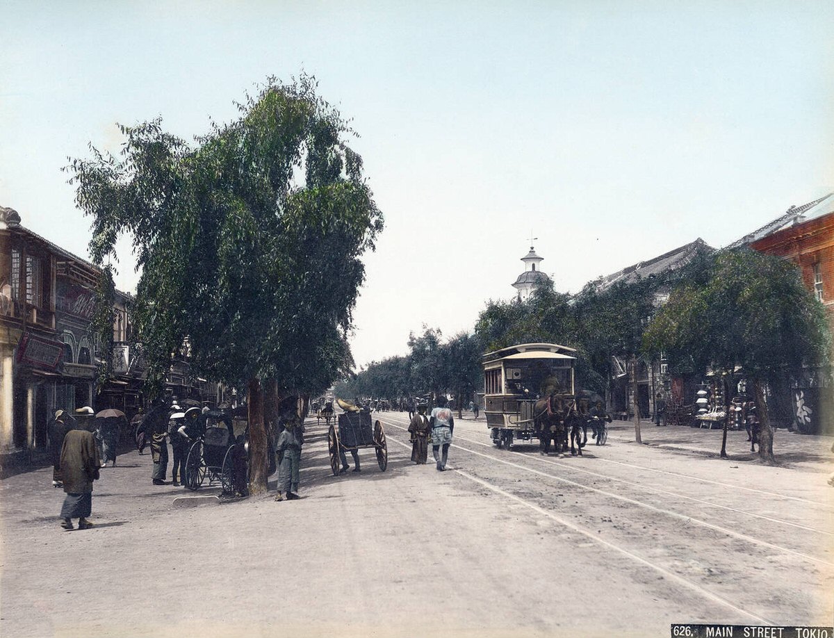 Horse-drawn streetcar on Ginza in Tokyo, 1880s