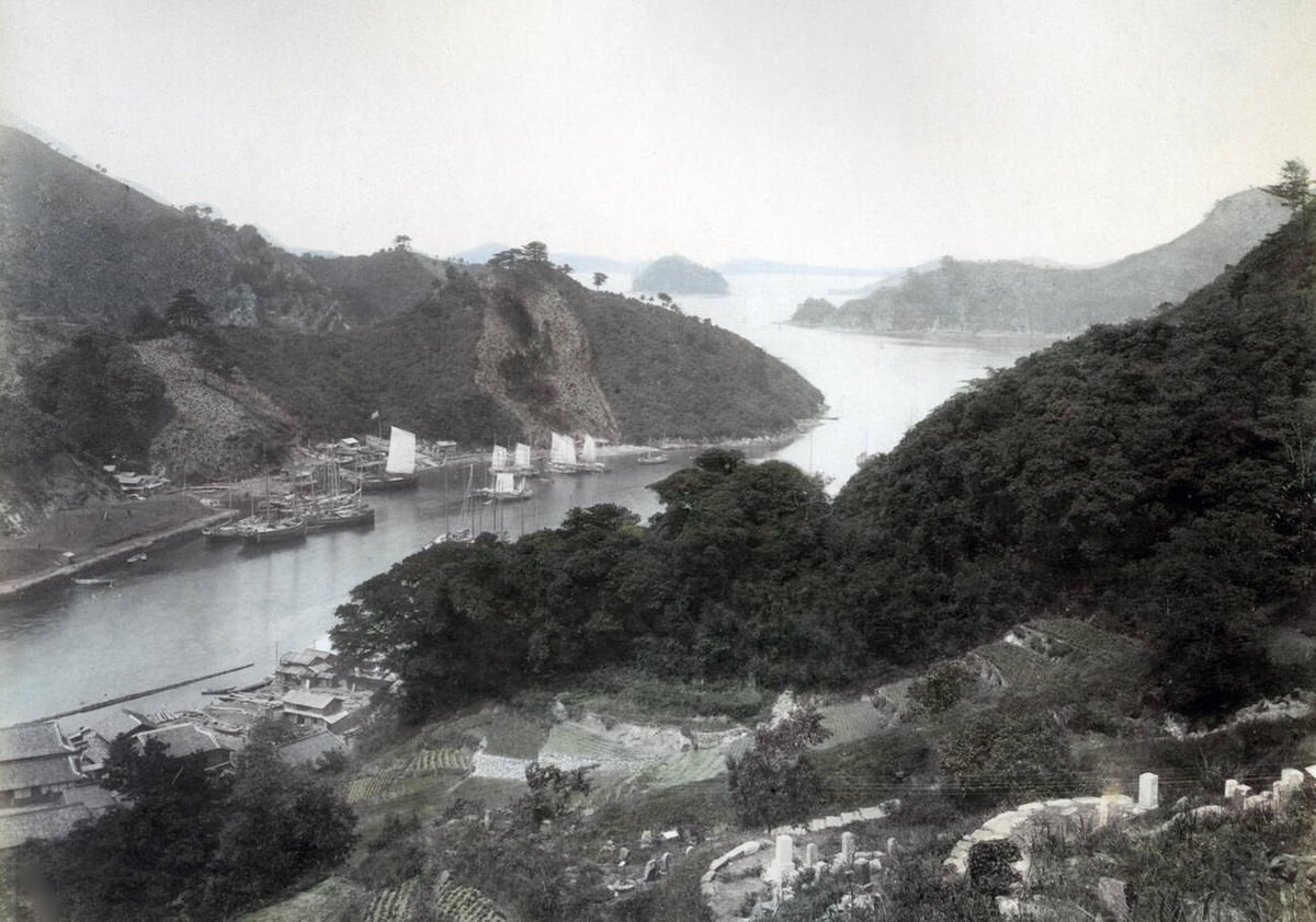 Boats at the entrance to Nagasaki Harbor, 1880s