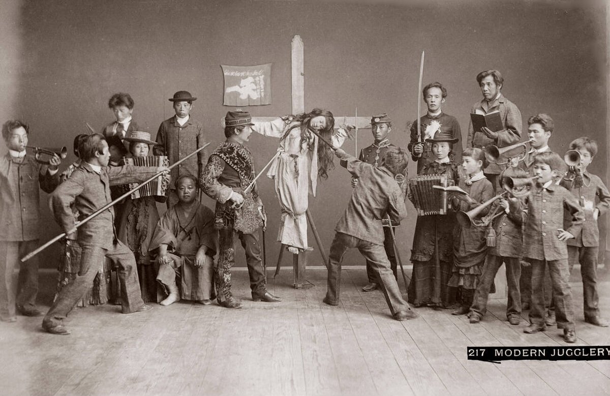 Japanese Christians re-enacting the crucifixion of Jesus Christ, 1885