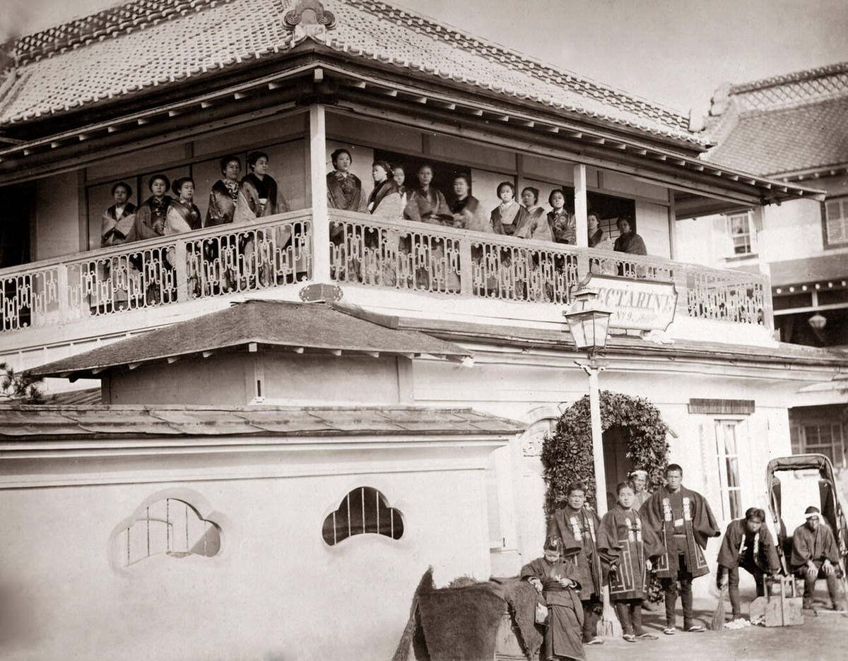 Prostitutes on the balcony of the Nectarine brothel in Yokohama, 1880s