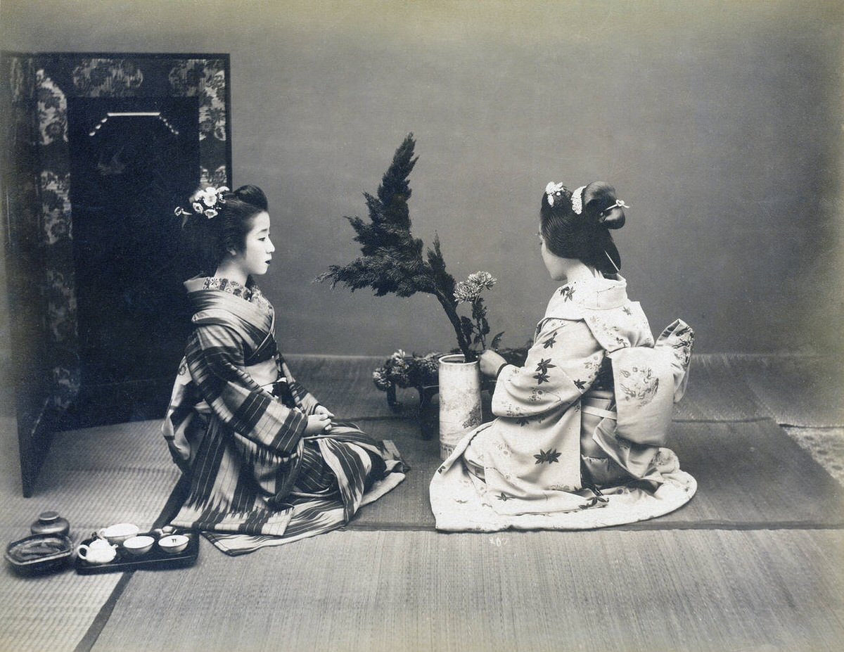 Women practicing Ikebana flower arrangement, 1880s