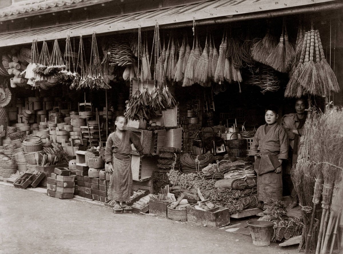 Shop selling brooms, baskets, and rope, 1880s