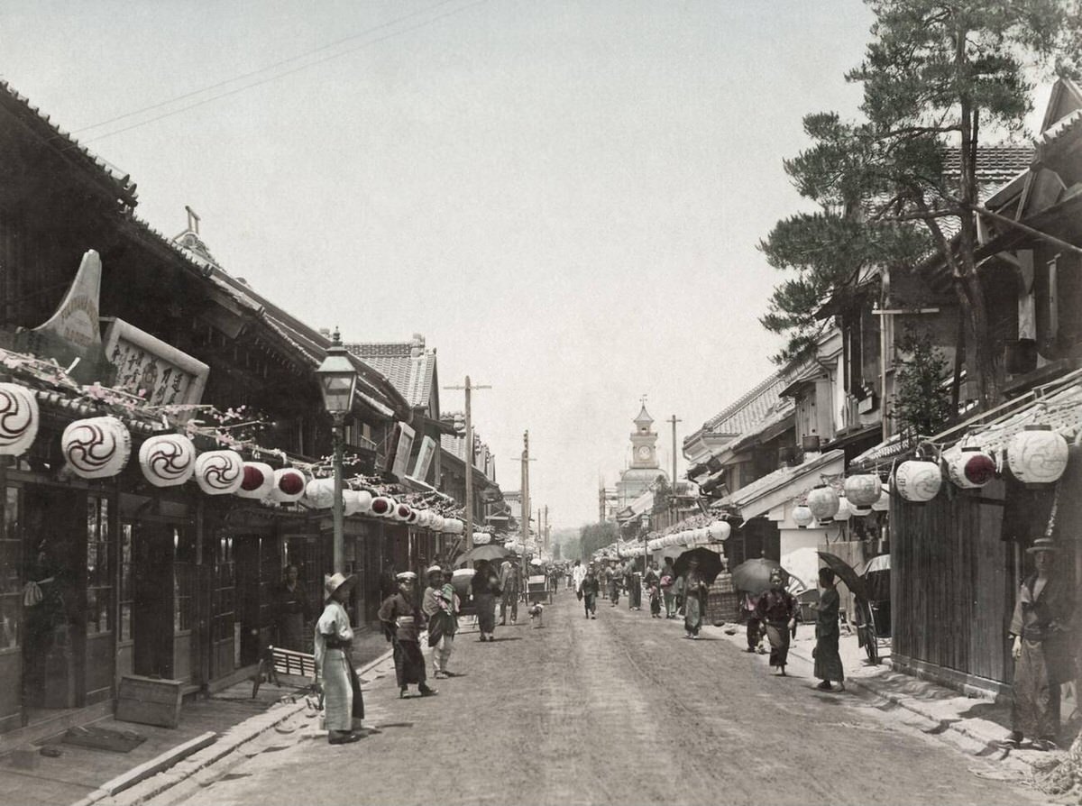 Festival lanterns on Benten Dori in Yokohama, 1890