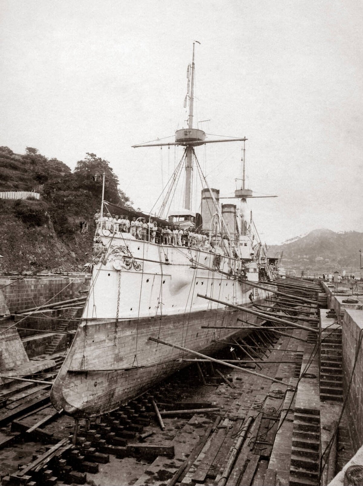 German Navy ship SMS Prinzess Wilhelm in dry dock, 1880s
