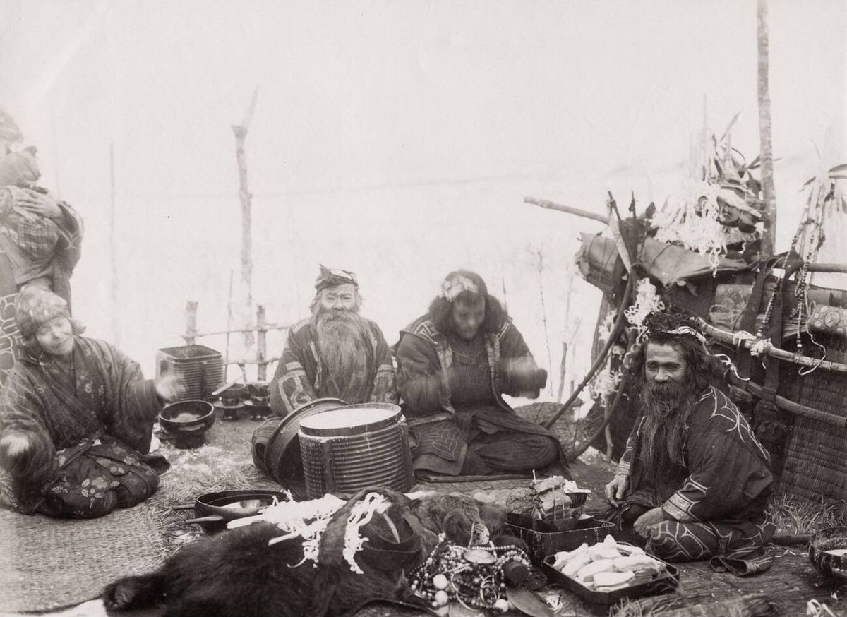 Group portrait of Ainu people in Hokkaido, 1880s