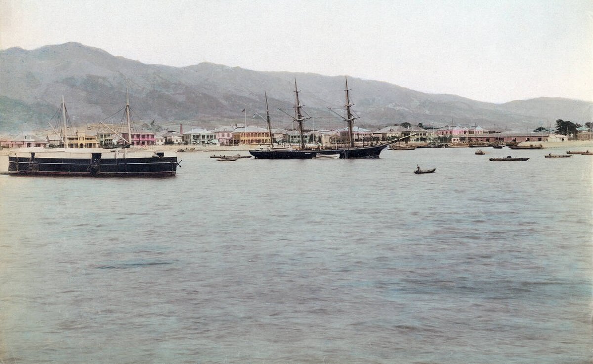 Ships in Kobe Port with the Bund in the background, 1880