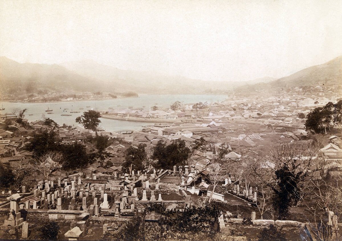 View of the Oura foreign settlement, Dejima, and Nagasaki Harbor, 1880