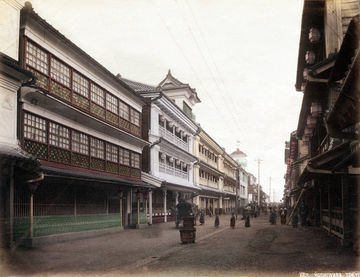 Three-story wooden brothels in the Yoshiwara district of Tokyo, 1890s