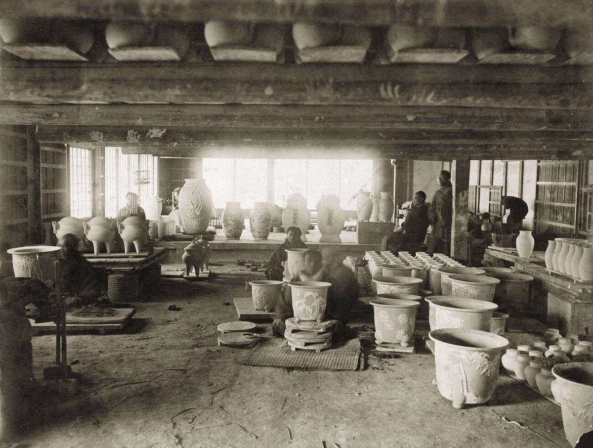 Interior of a pottery workshop, 1890s